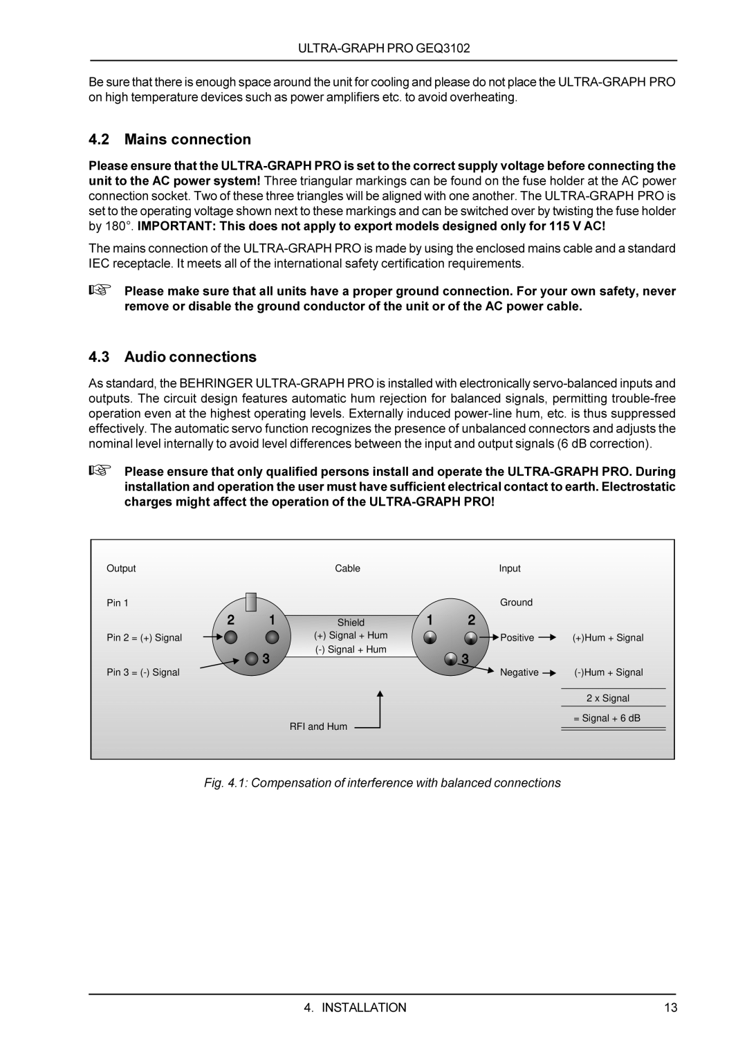 Behringer GEQ3102 manual Mains connection, Audio connections 