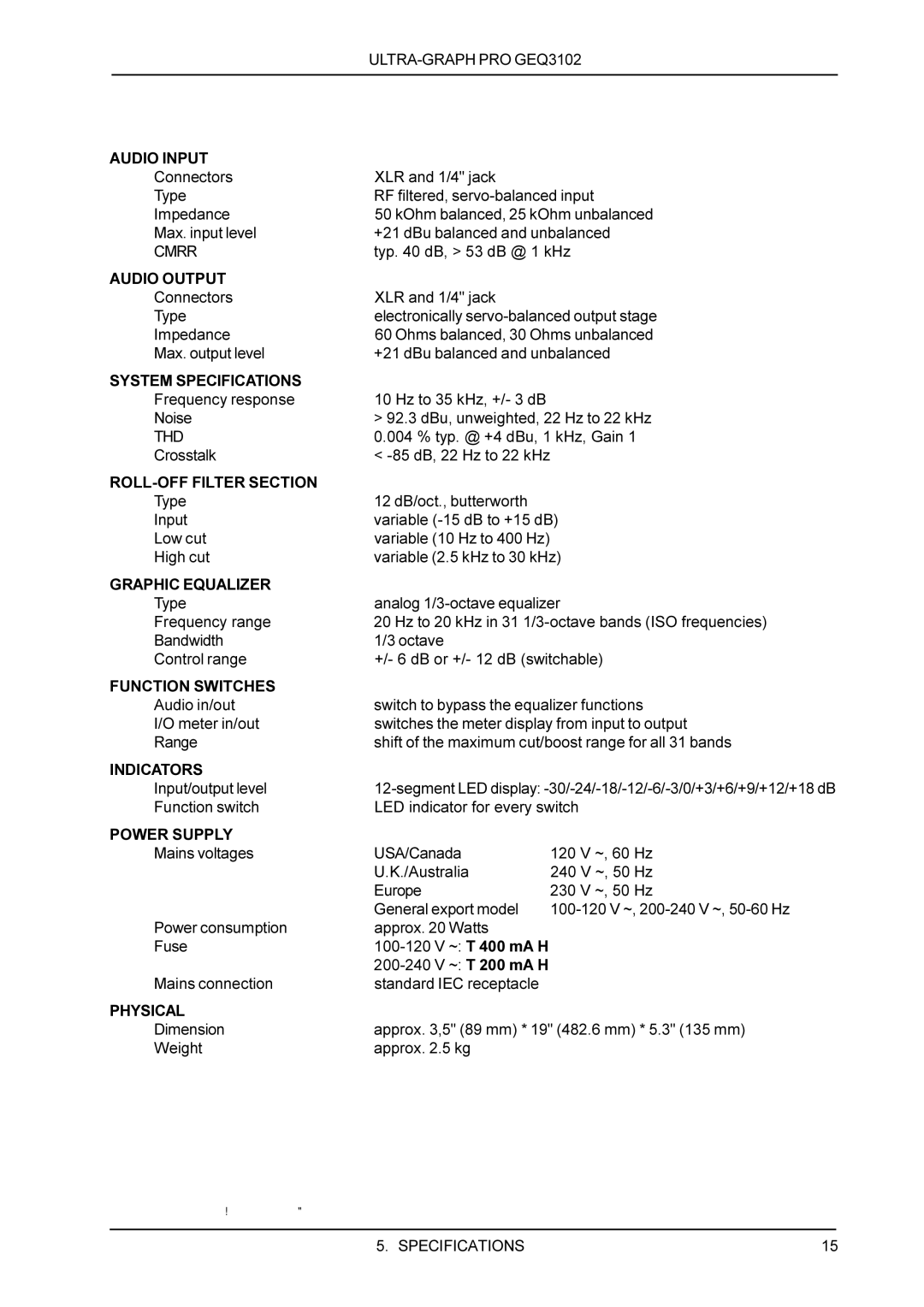 Behringer GEQ3102 manual Specifications, Audio Input 