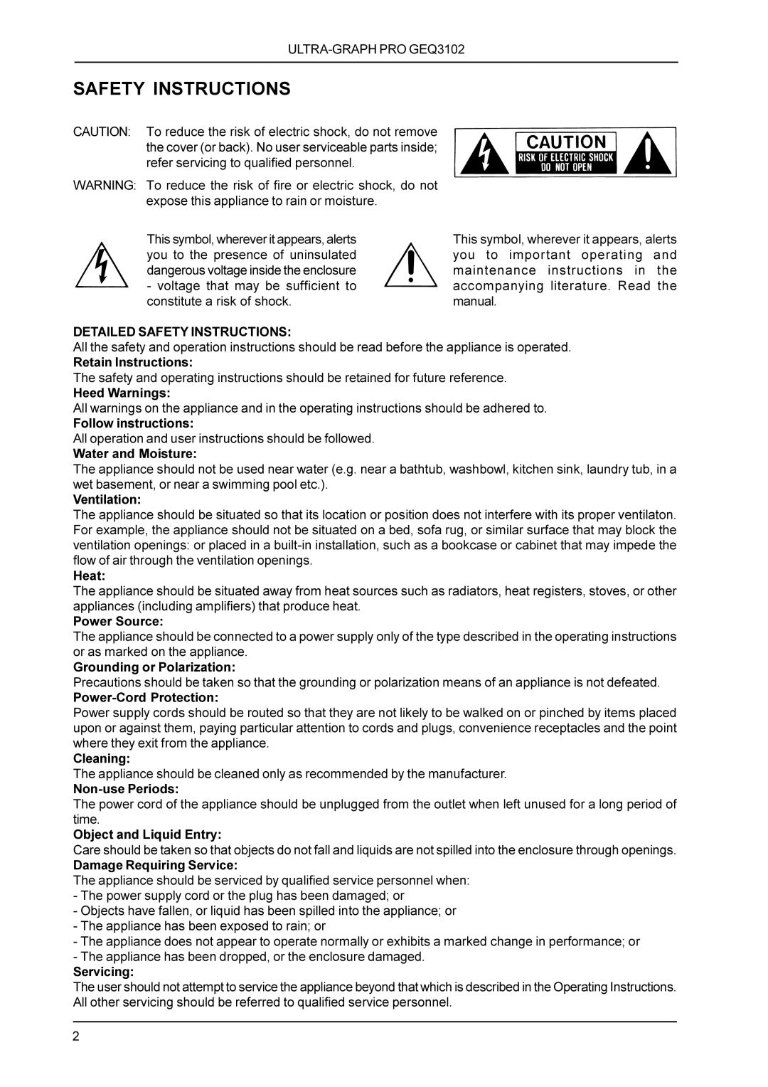 Behringer GEQ3102 manual Detailed Safety Instructions 