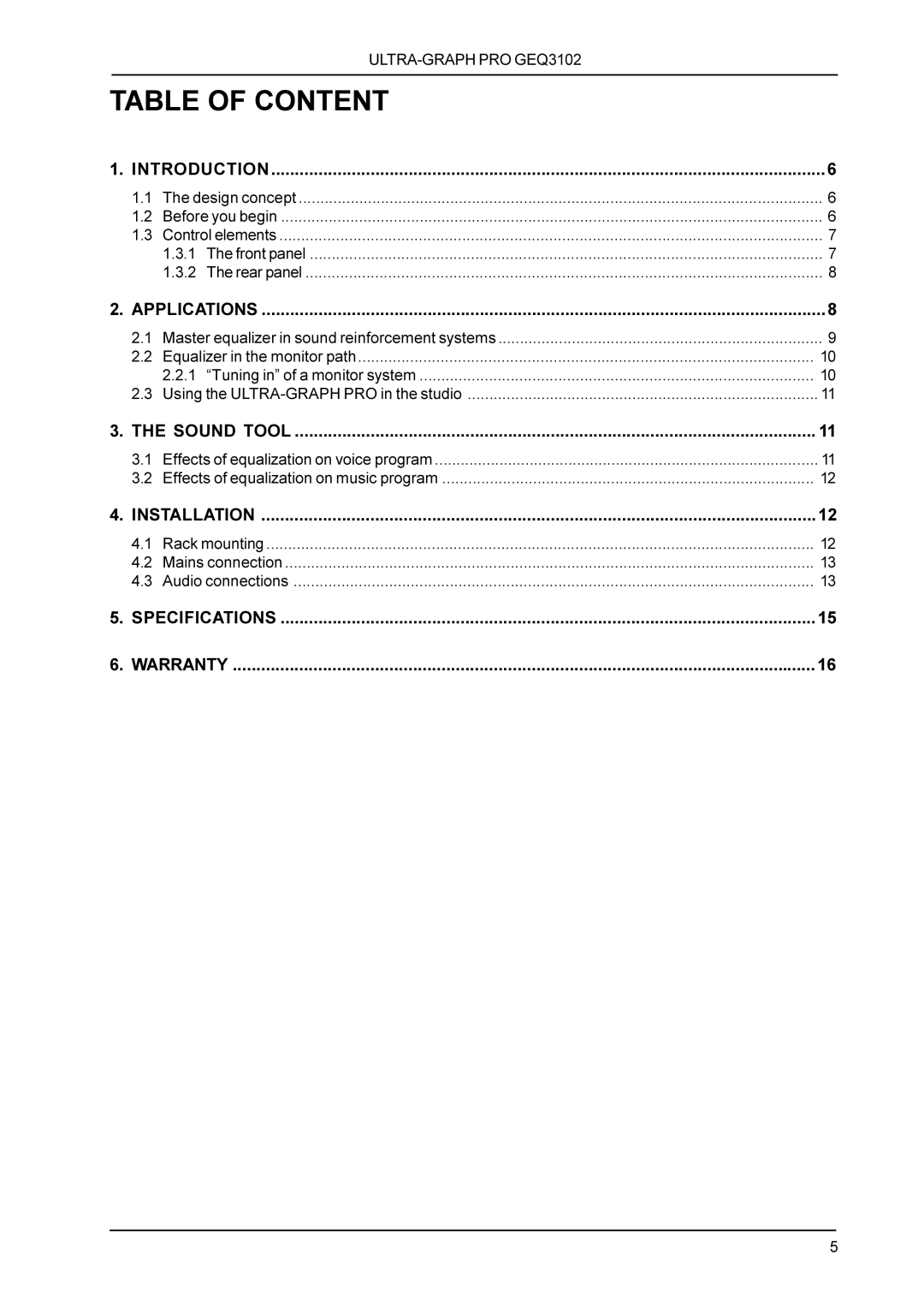 Behringer GEQ3102 manual Table of Content 