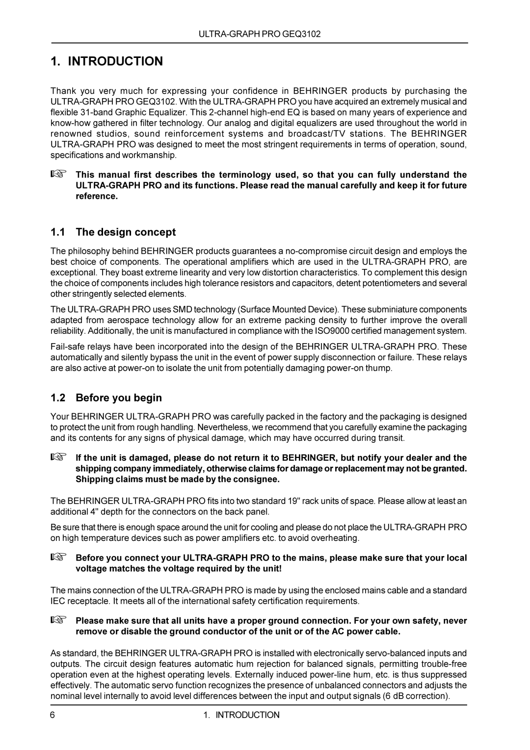 Behringer GEQ3102 manual Introduction, Design concept, Before you begin 