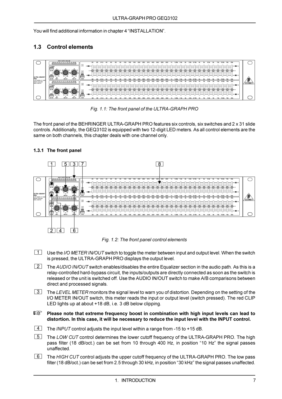 Behringer GEQ3102 manual Control elements, Front panel of the ULTRA-GRAPH PRO 