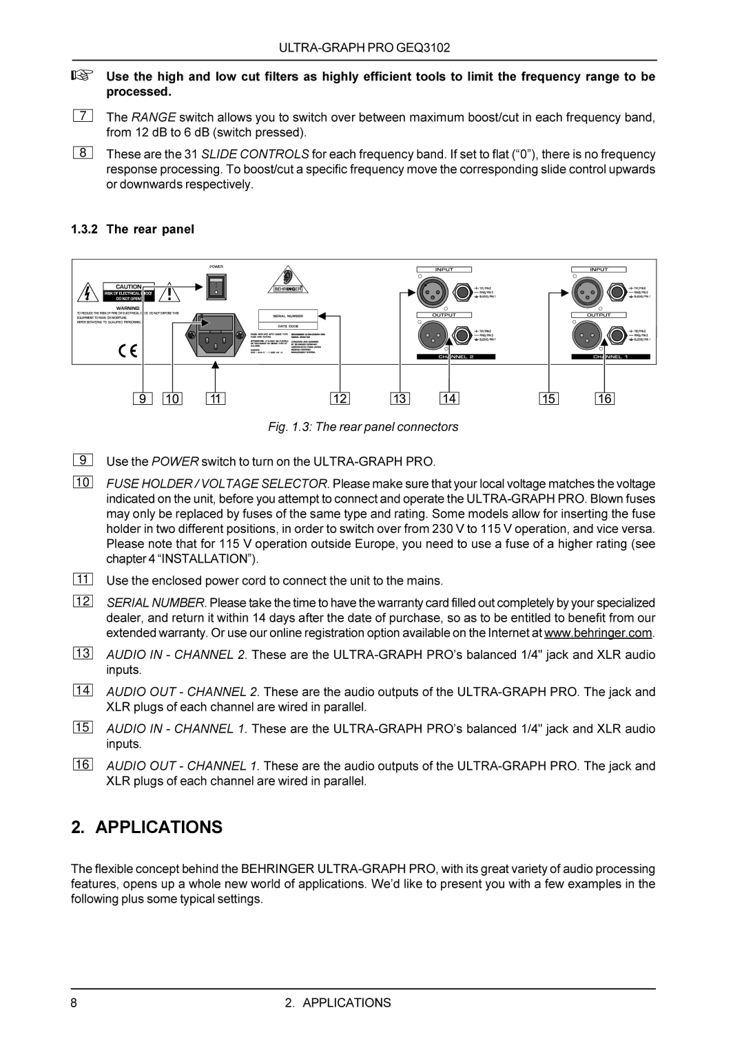 Behringer GEQ3102 manual Applications, Rear panel connectors 