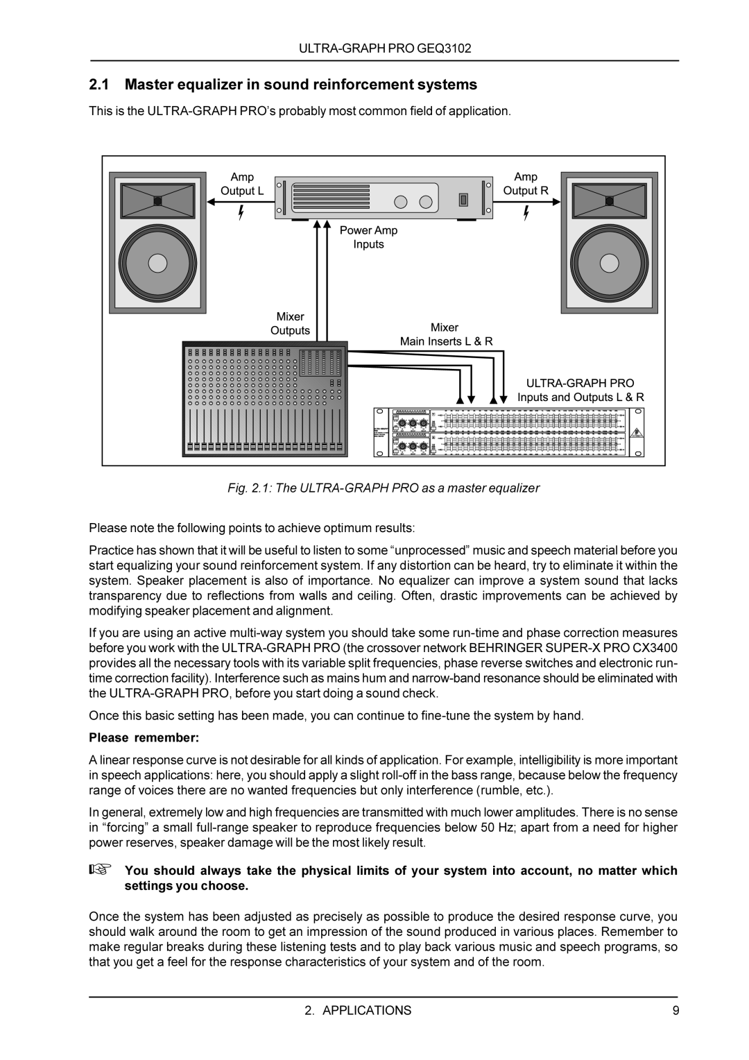 Behringer GEQ3102 manual Master equalizer in sound reinforcement systems, ULTRA-GRAPH PRO as a master equalizer 