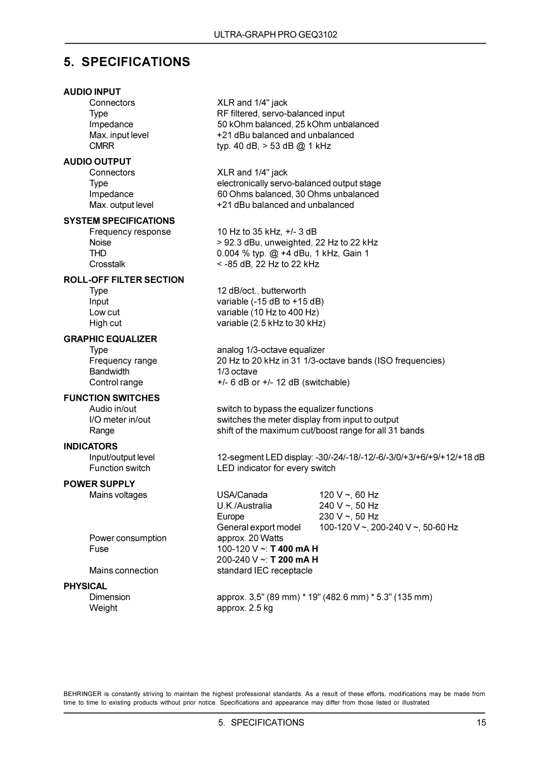 Behringer GEQ3102 manual Specifications 