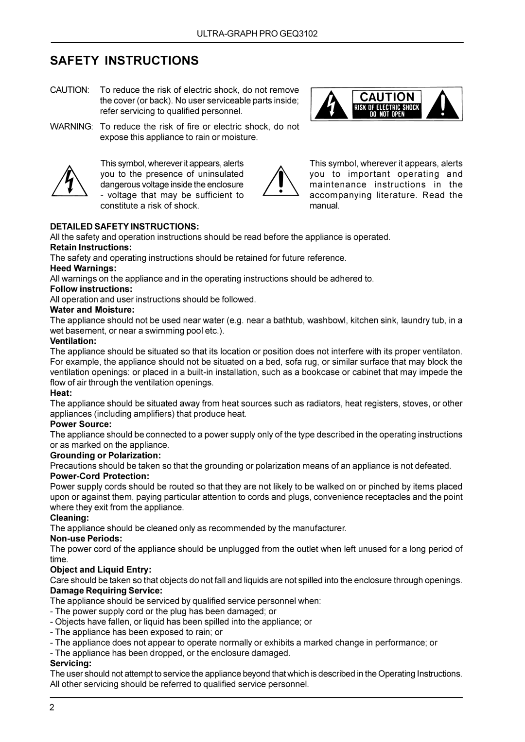 Behringer GEQ3102 manual Safety Instructions 