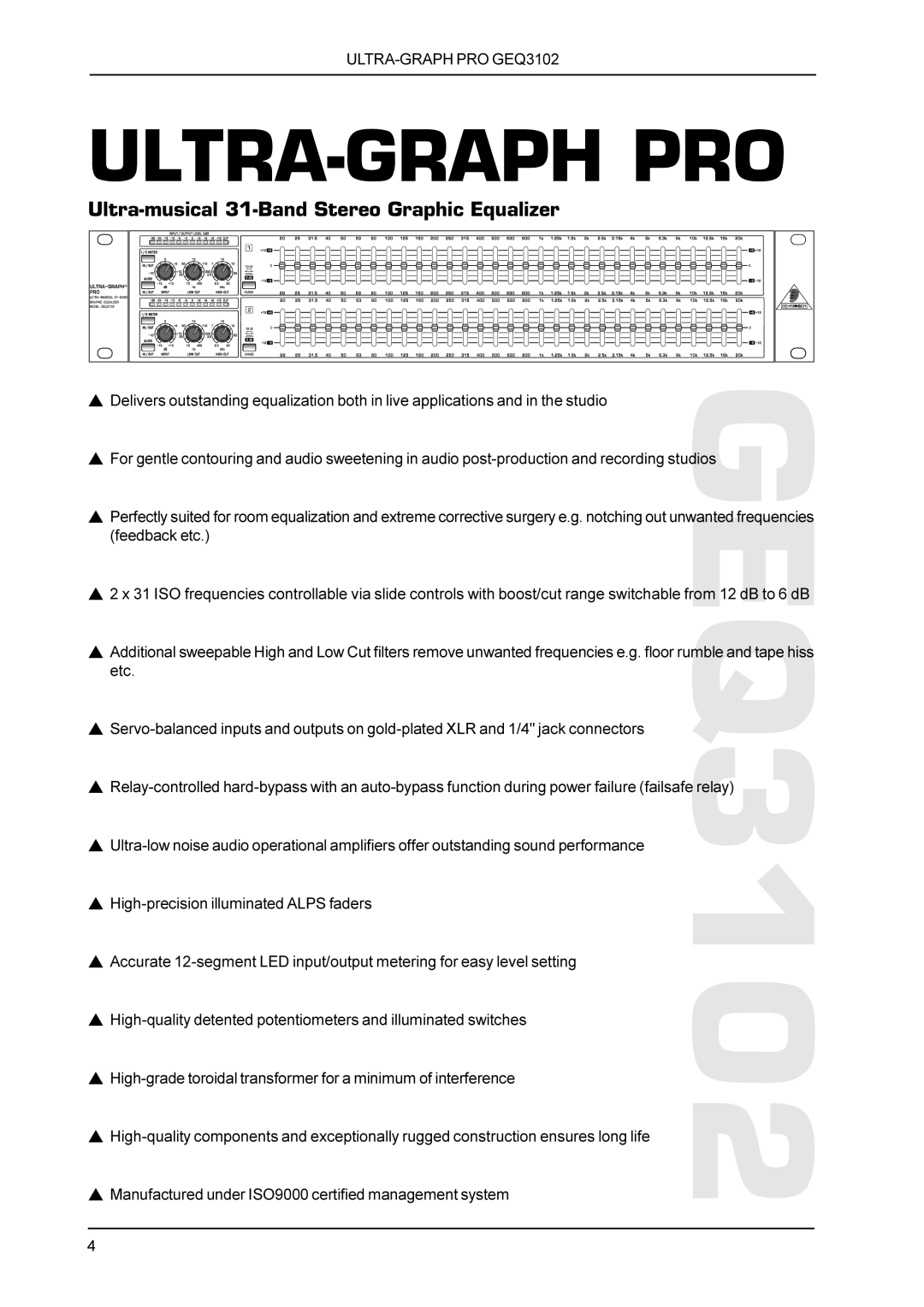 Behringer GEQ3102 manual Ultra-Graphpro, Ultra-musical 31-BandStereo Graphic Equalizer 