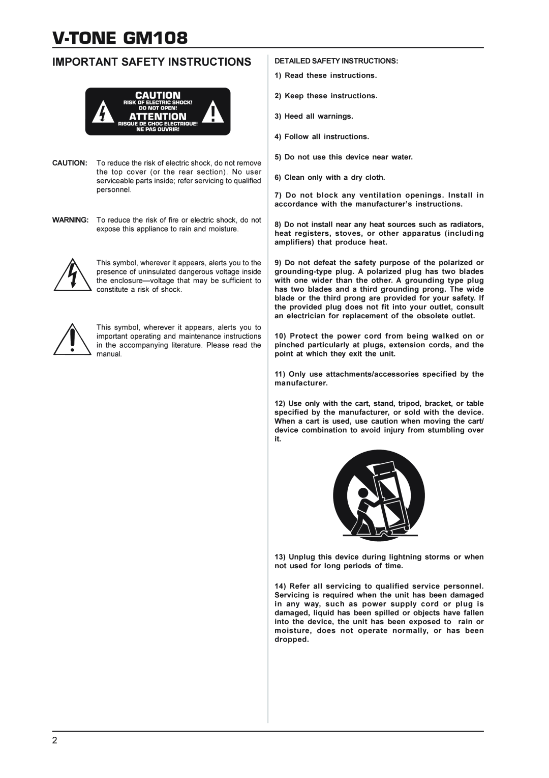 Behringer gm108 manual V-TONEGM108, Important Safety Instructions 