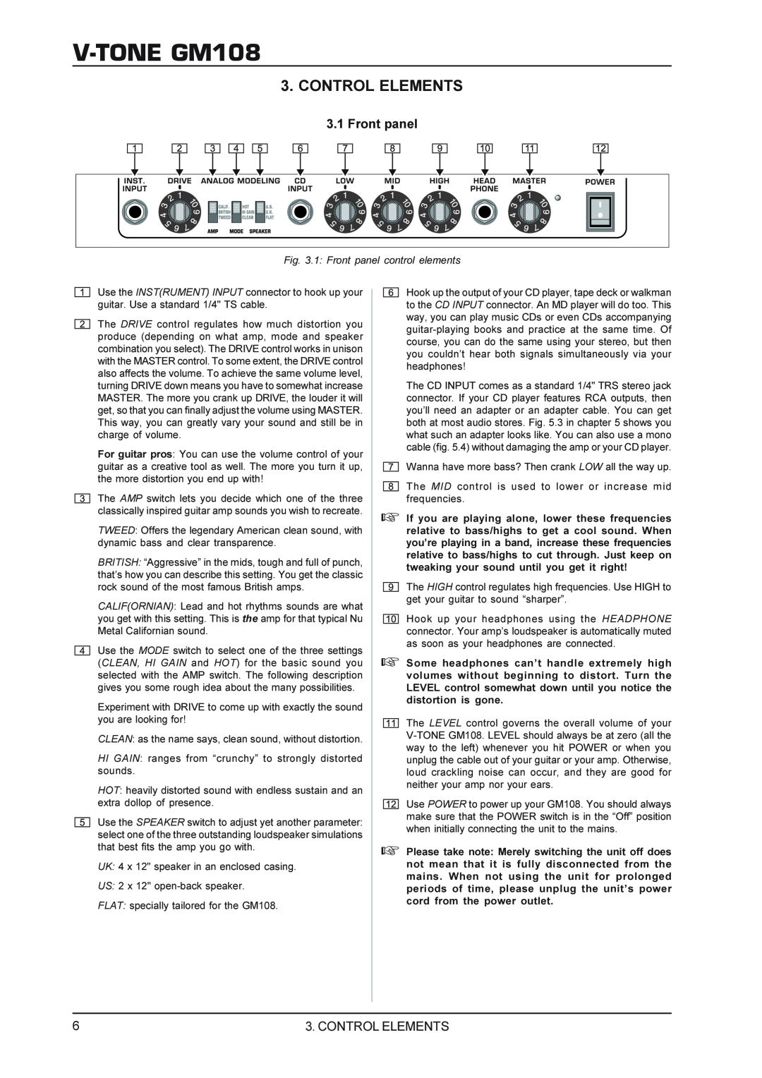Behringer gm108 manual Control Elements, V-TONEGM108, 3.1Front panel 