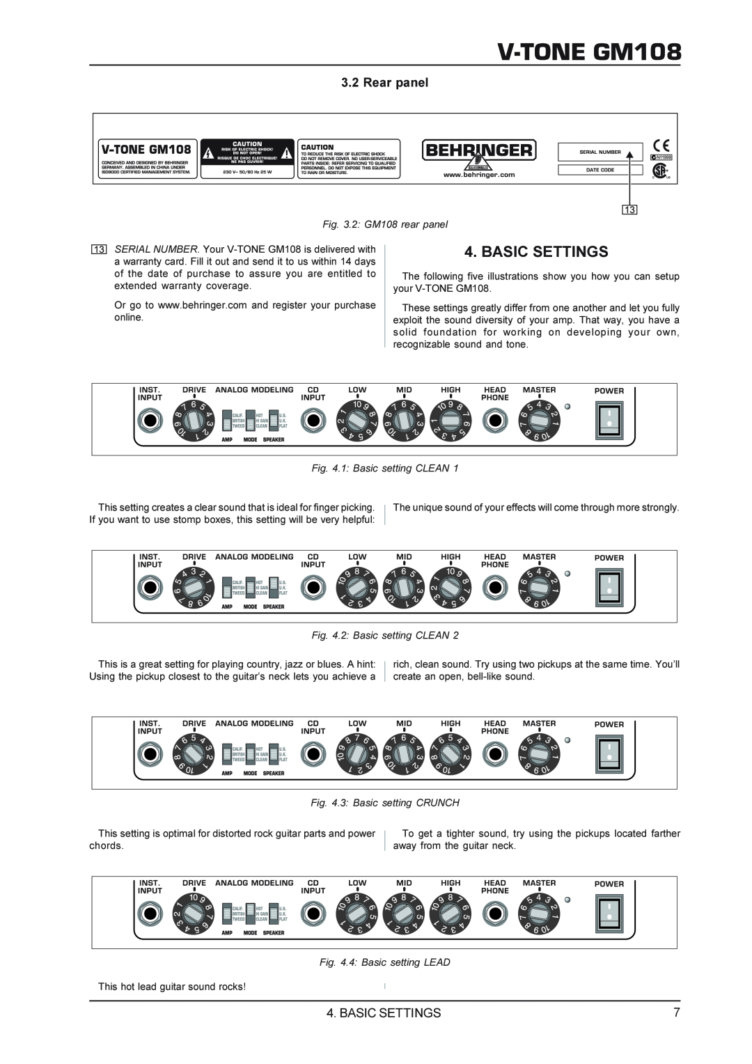 Behringer gm108 manual V-TONEGM108, Basic Settings, Rear panel 