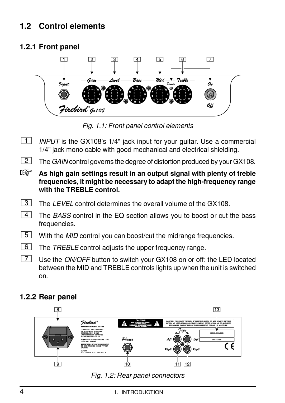 Behringer GX108 user manual Control elements, Front panel 