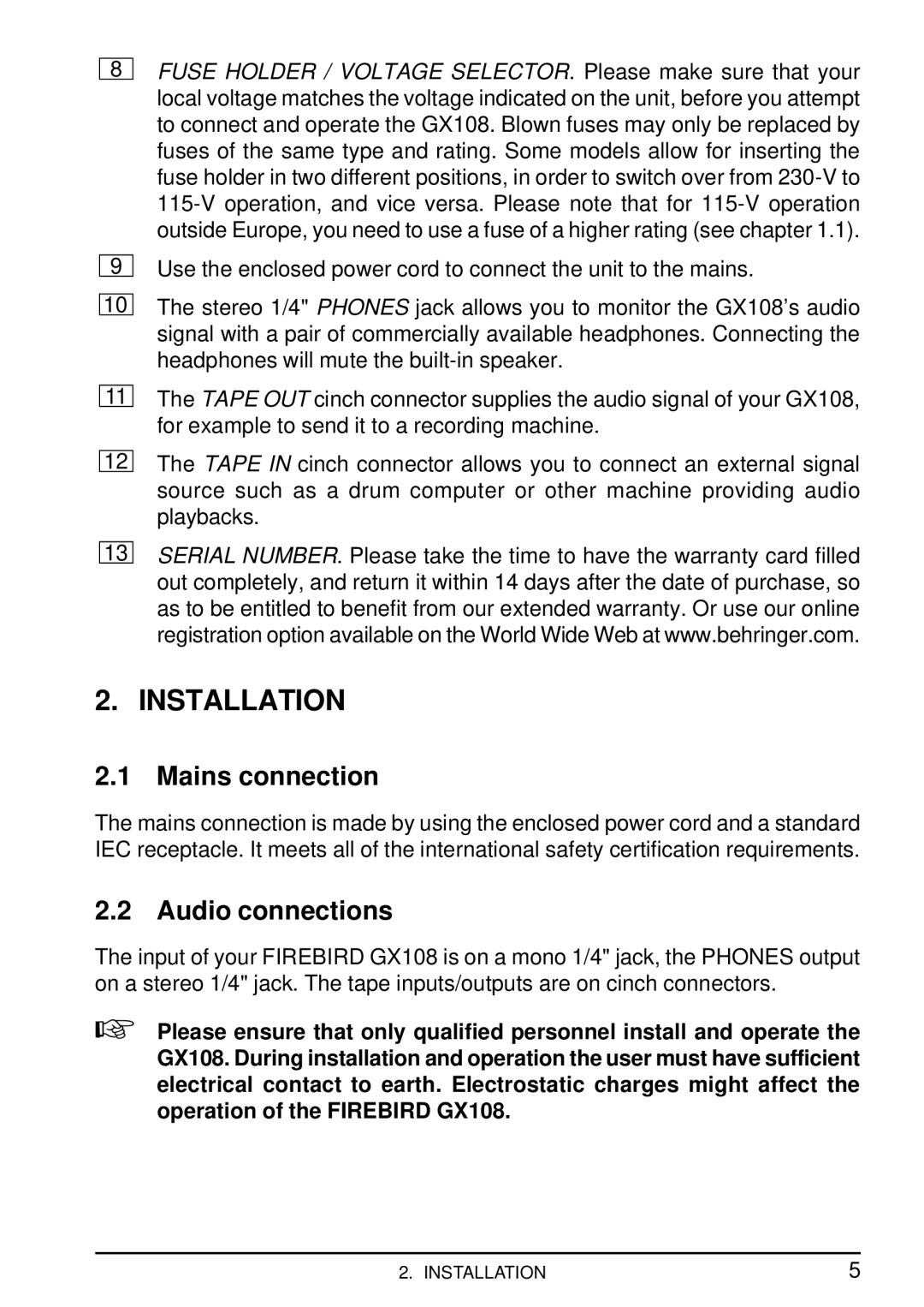 Behringer GX108 user manual Installation, Mains connection, Audio connections 