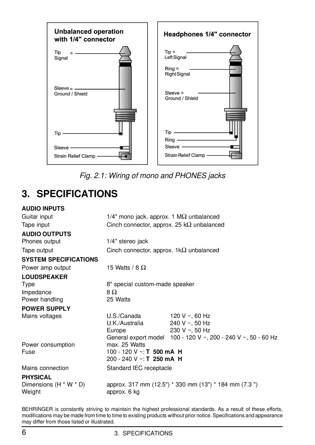 Behringer GX108 user manual Specifications 