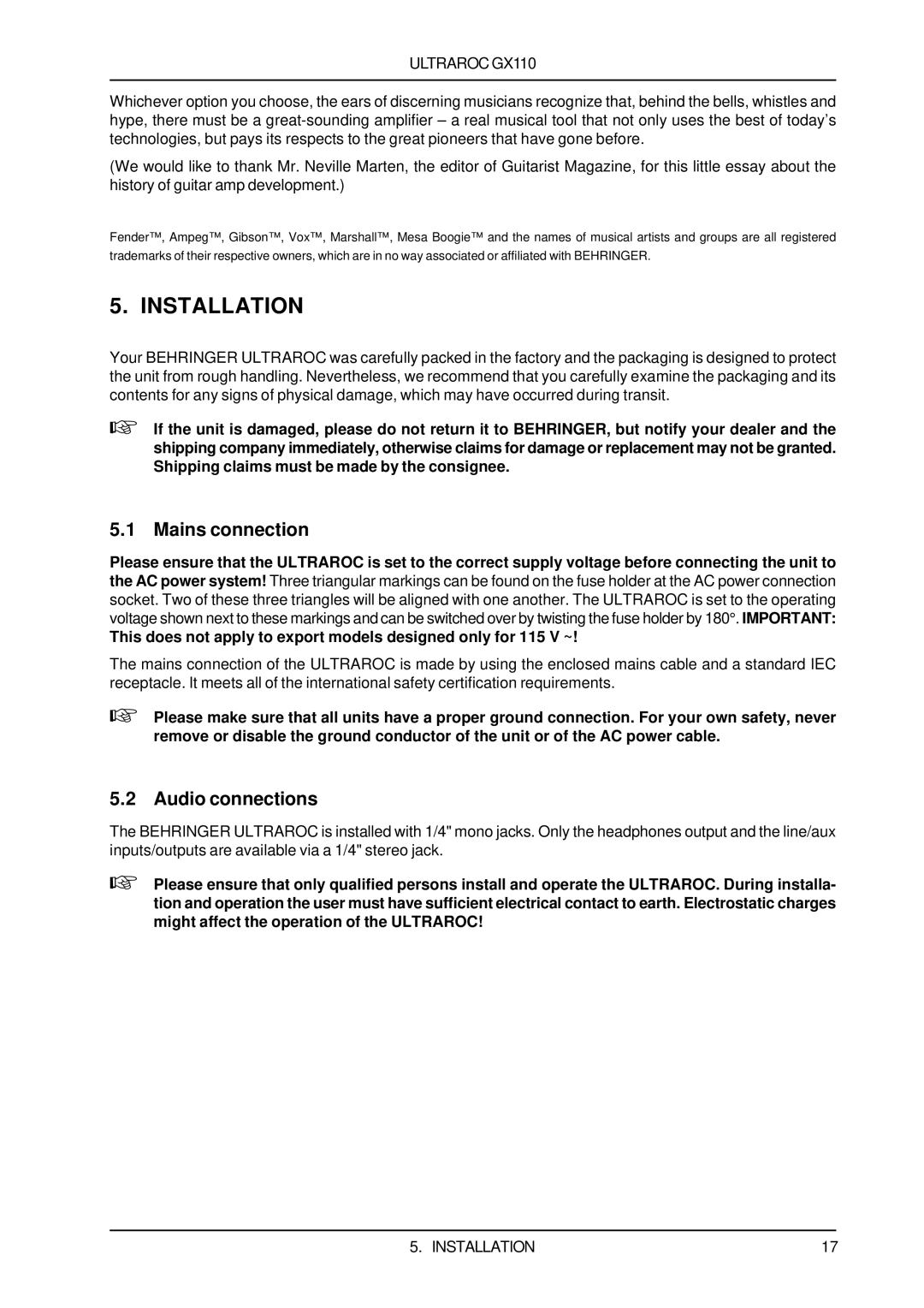 Behringer GX110 user manual Installation, Mains connection, Audio connections 