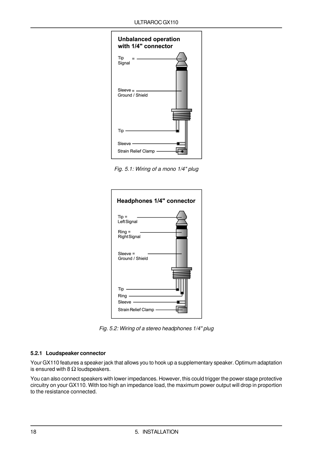 Behringer GX110 user manual Wiring of a mono 1/4 plug, Loudspeaker connector 