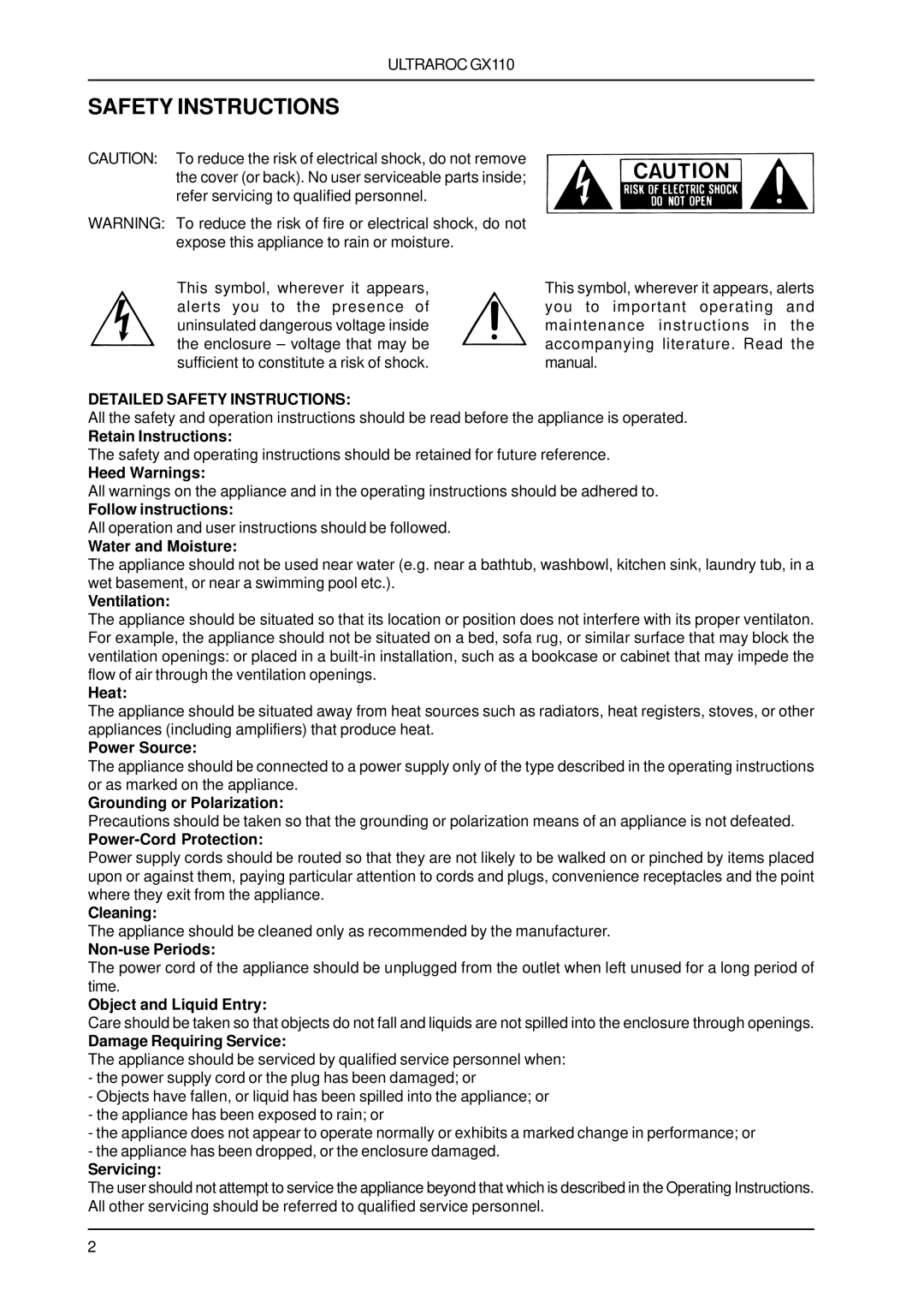 Behringer GX110 user manual Safety Instructions 