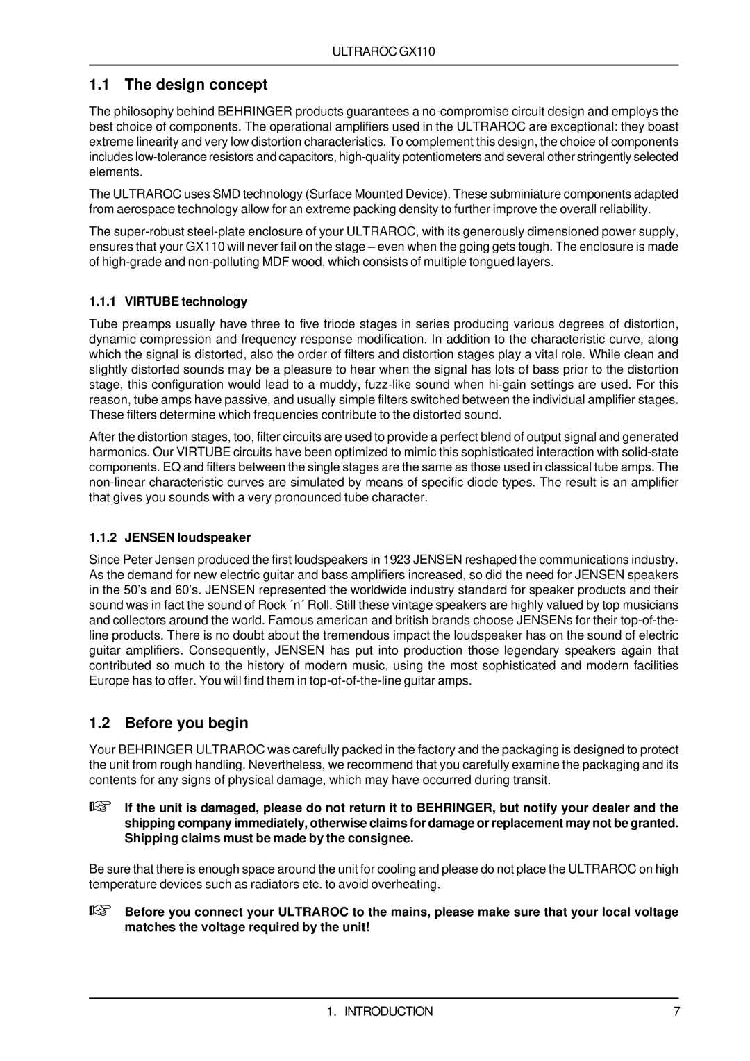 Behringer GX110 user manual Design concept, Before you begin, Virtube technology, Jensen loudspeaker 