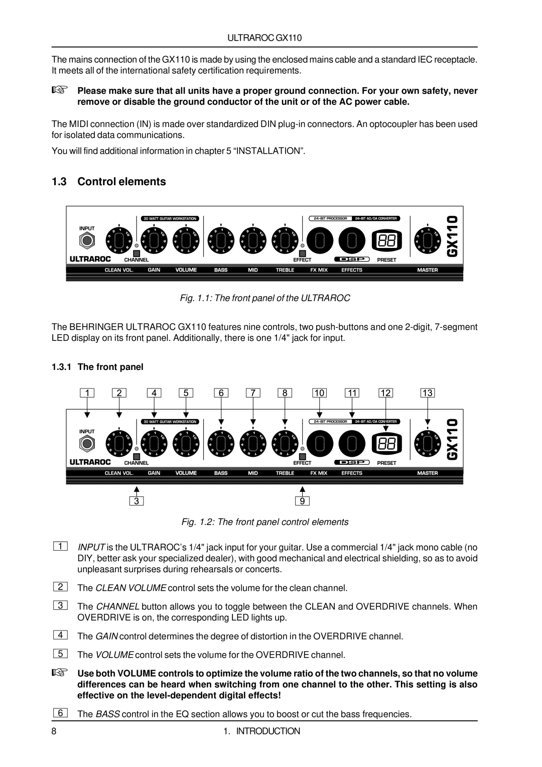 Behringer GX110 user manual Control elements, Front panel 