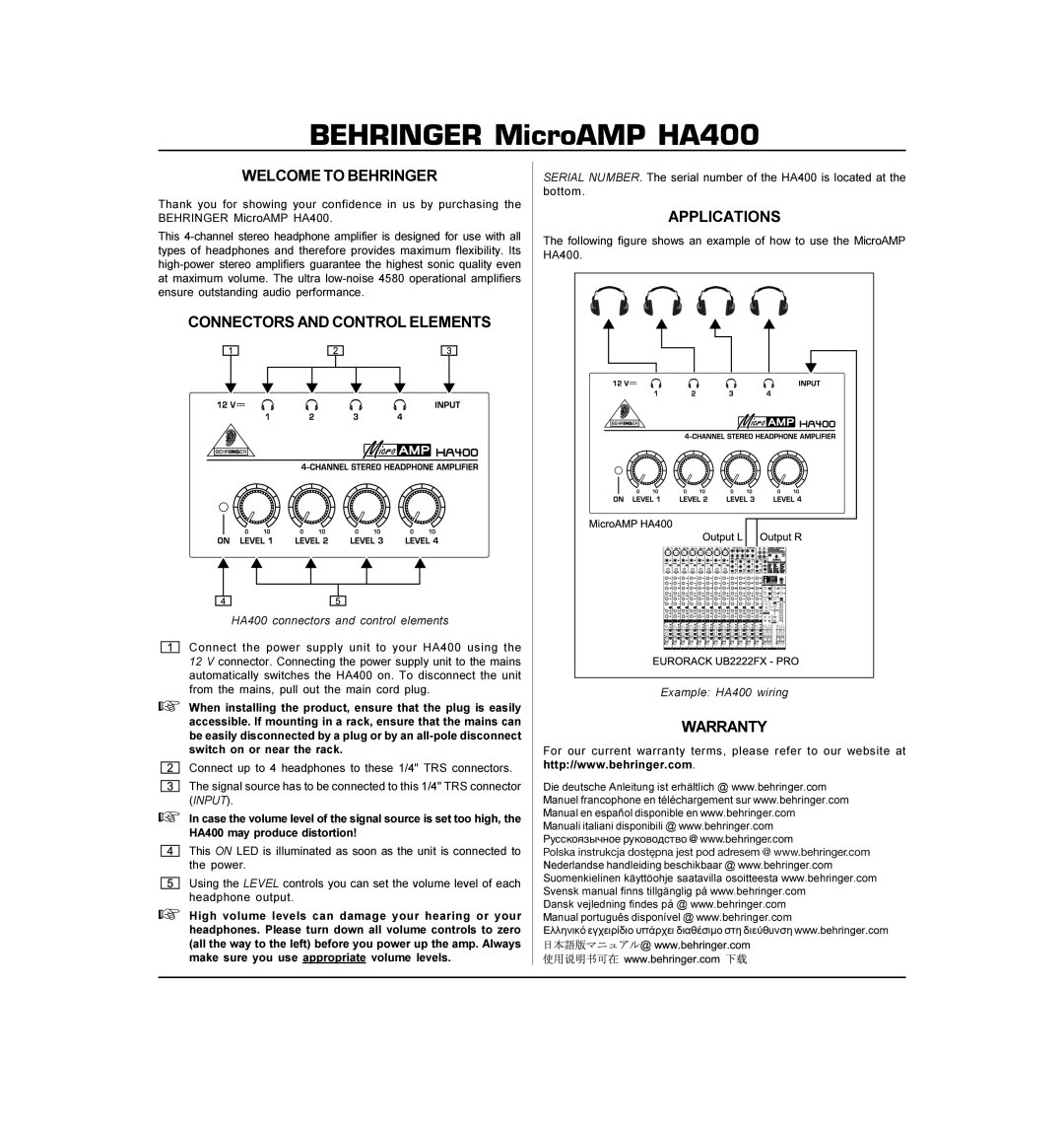 Behringer HA400 warranty Welcome to Behringer, Connectors and Control Elements, Applications, Warranty 