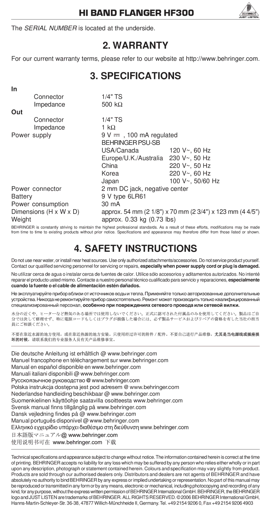 Behringer HF300 manual Warranty Specifications, Safety Instructions, Out, Behringer PSU-SB 