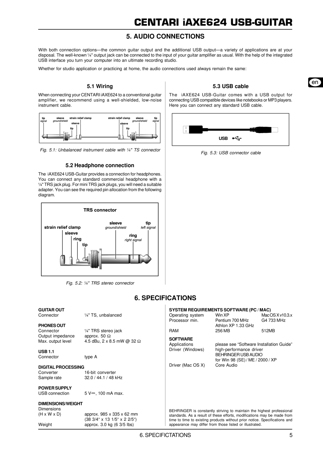 Behringer IAXE624 manual Audio Connections, Specifications, Wiring, Headphone connection, USB cable 