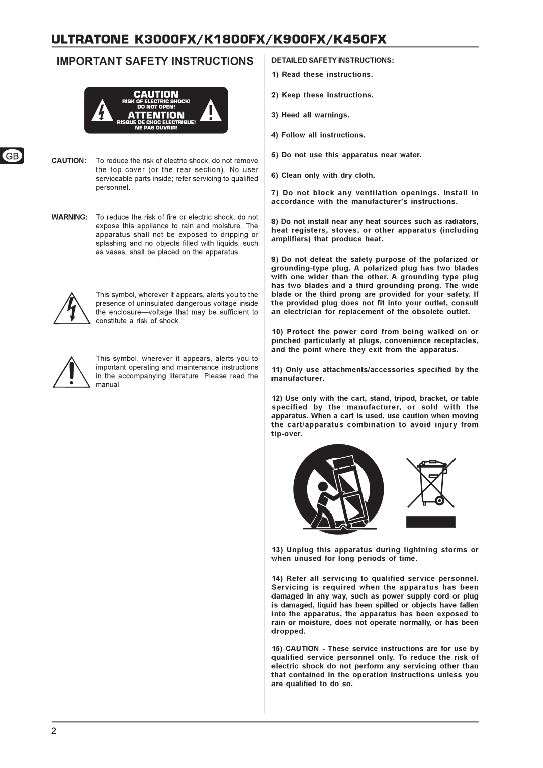 Behringer K900FX, K3000FX, K1800FX, K450FX user manual Important Safety Instructions, Detailed Safety Instructions 