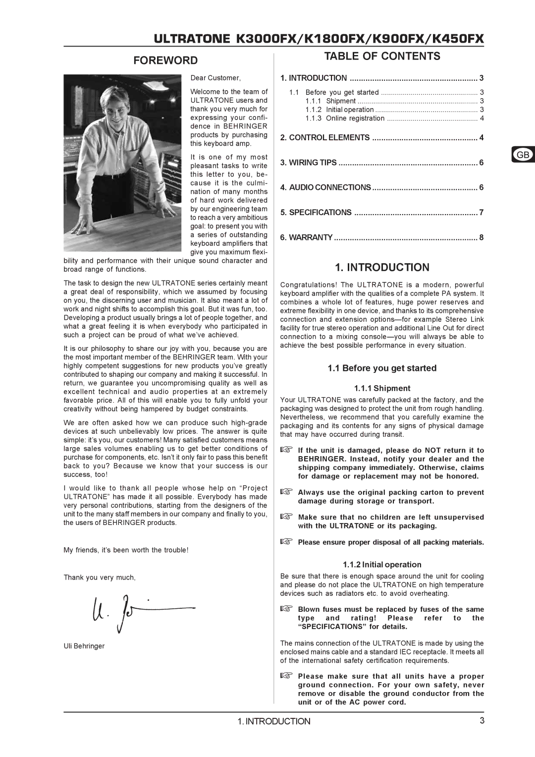 Behringer K450FX, K3000FX, K1800FX, K900FX user manual Foreword, Table of Contents, Introduction 