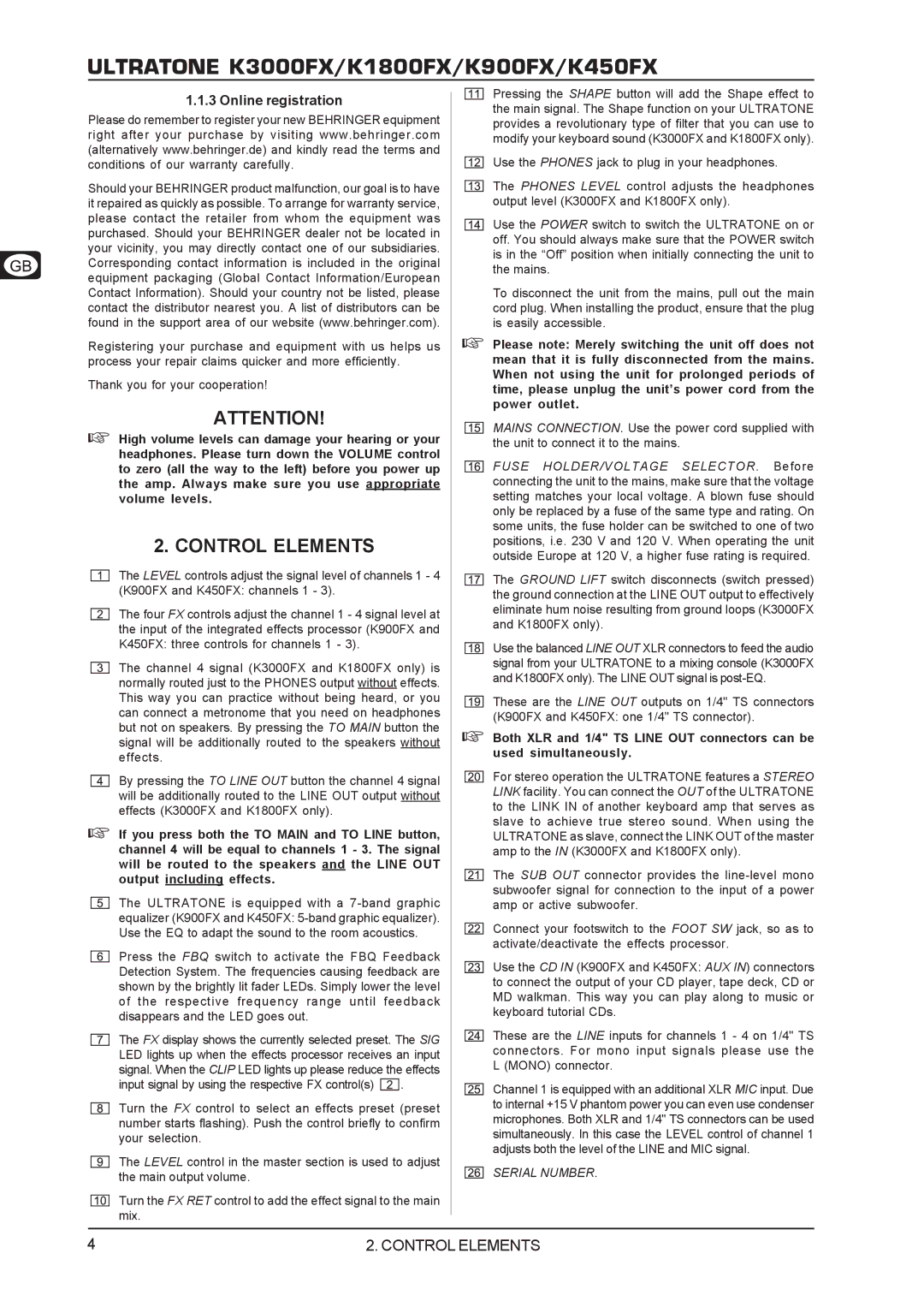 Behringer K3000FX, K1800FX, K900FX, K450FX user manual Control Elements, Online registration 