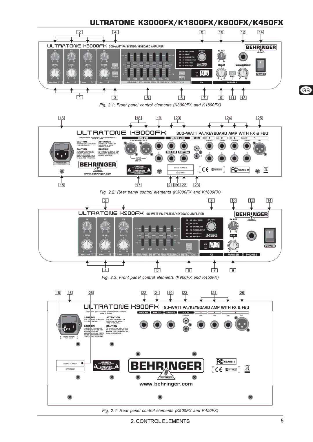 Behringer K900FX, K450FX user manual Front panel control elements K3000FX and K1800FX 