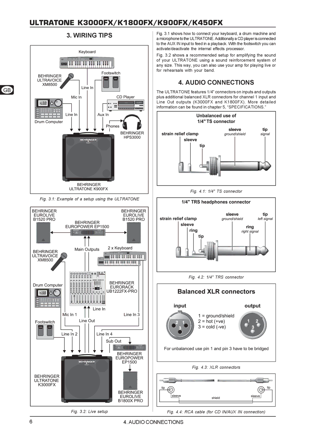 Behringer K900FX, K3000FX, K1800FX, K450FX user manual Wiring Tips, Audio Connections 