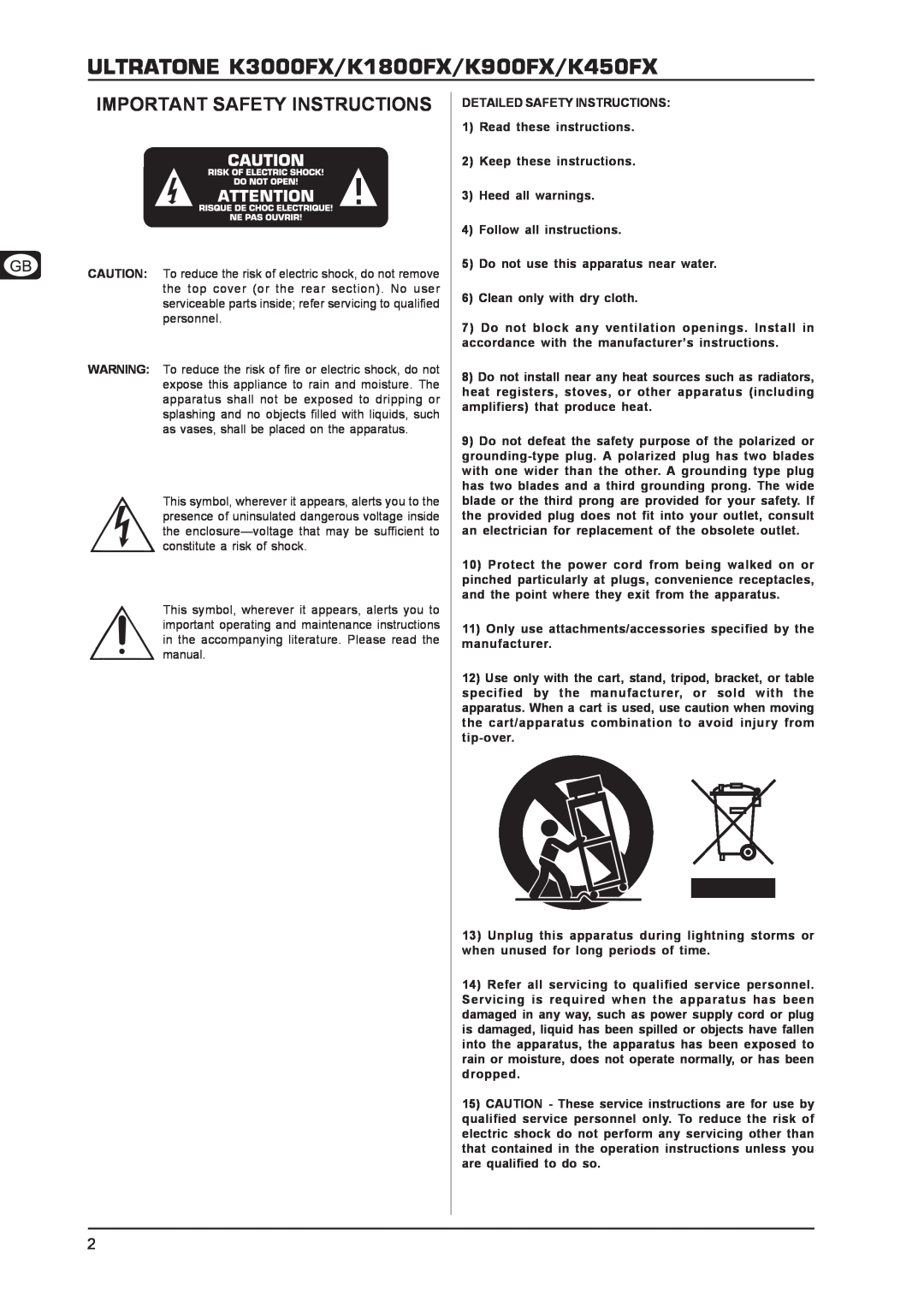 Behringer user manual ULTRATONE K3000FX/K1800FX/K900FX/K450FX, Important Safety Instructions 