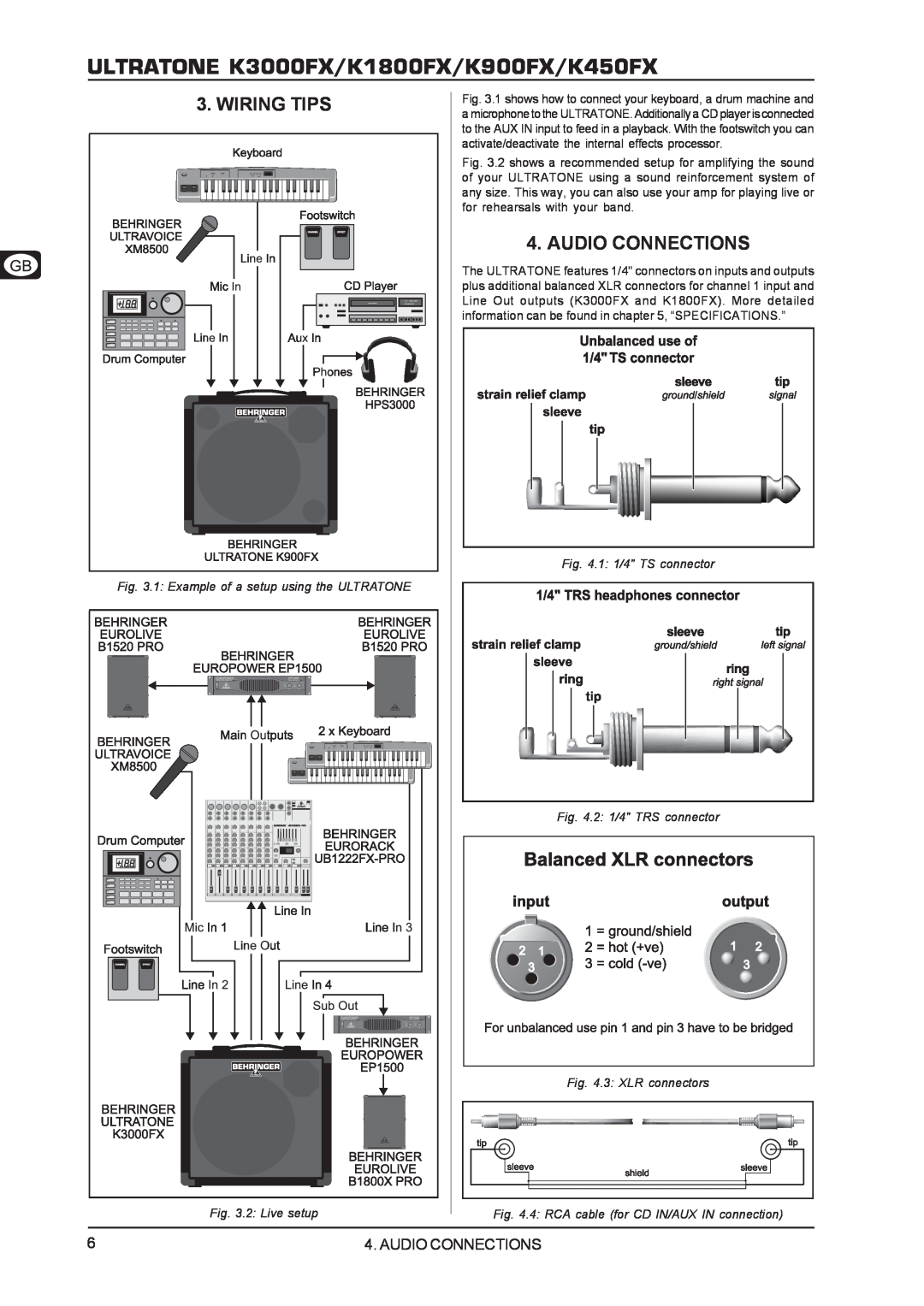 Behringer user manual Wiring Tips, Audio Connections, ULTRATONE K3000FX/K1800FX/K900FX/K450FX 