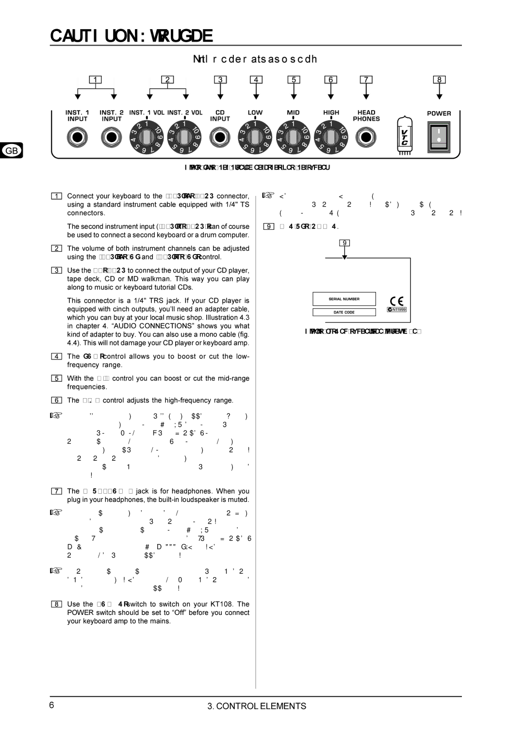 Behringer KT108 manual Control Elements, Serial Number 