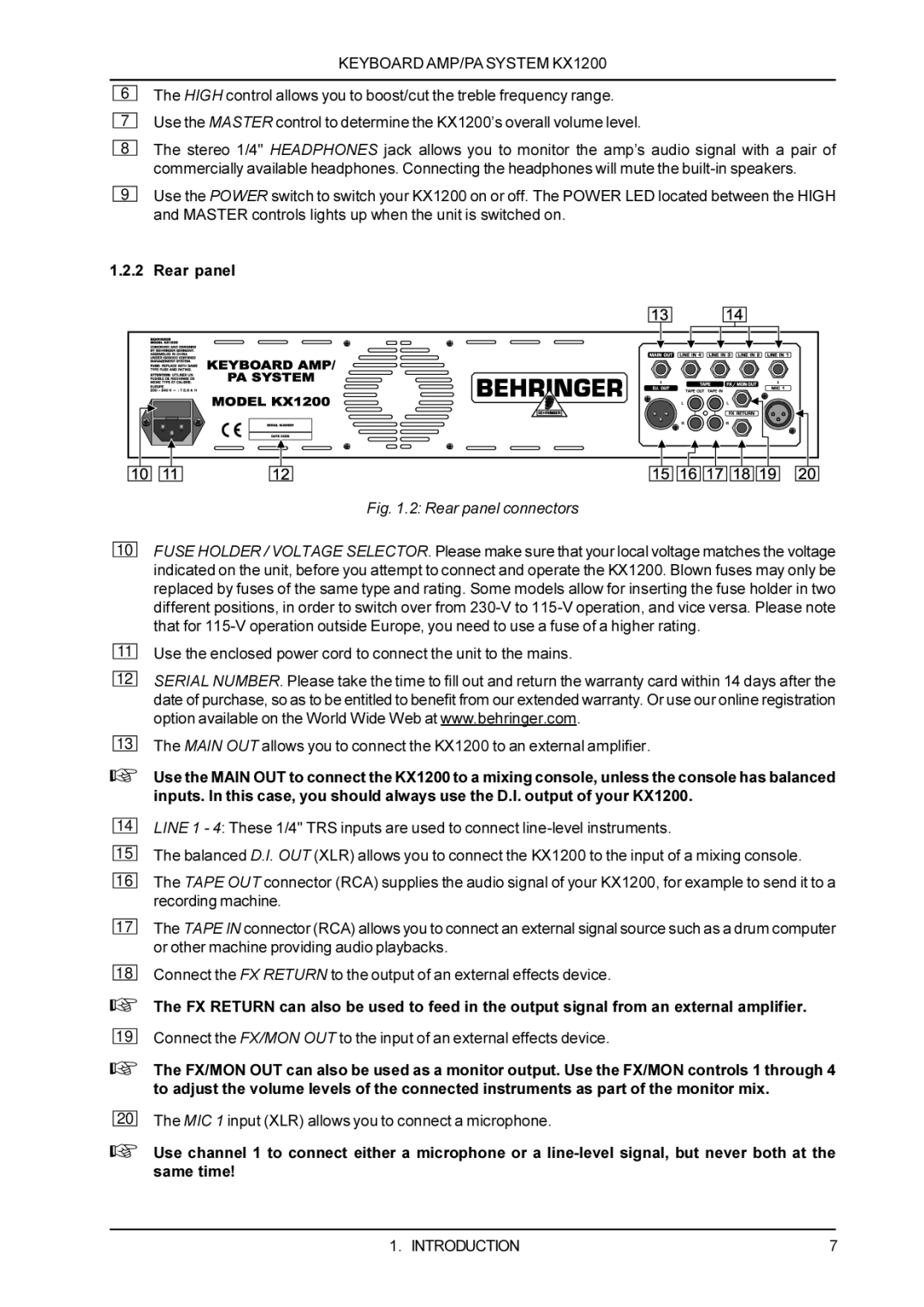 Behringer KX1200 manual Rear panel connectors 