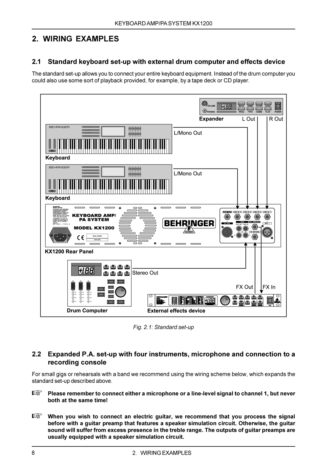 Behringer KX1200 manual Wiring Examples, Standard set-up 