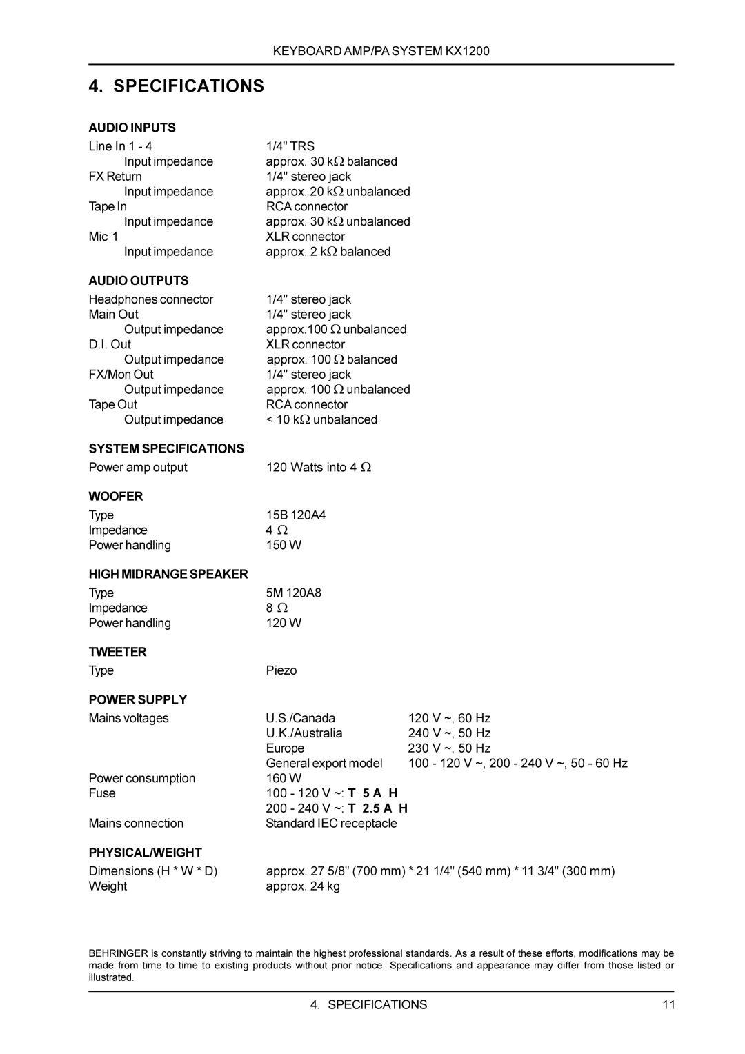 Behringer KX1200 manual Specifications, Audio Inputs 