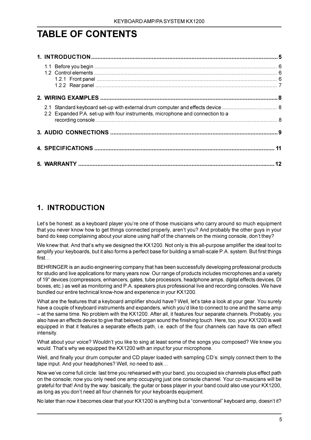 Behringer KX1200 manual Introduction, Table Of Contents 