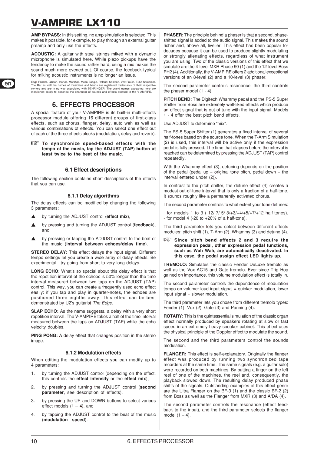 Behringer LX110 user manual Effects Processor, Effect descriptions 