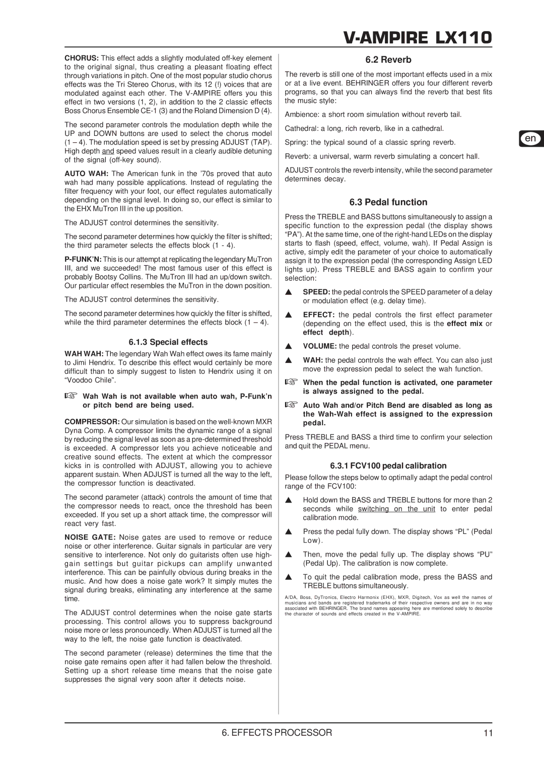 Behringer LX110 user manual Reverb, Pedal function 