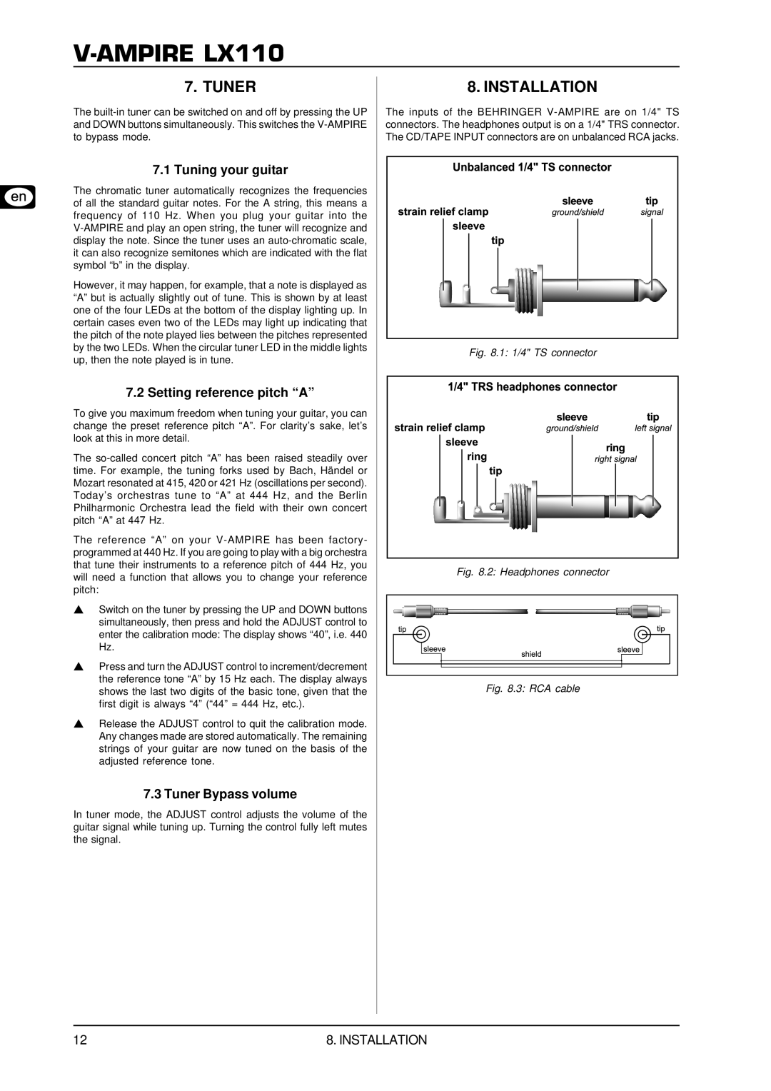 Behringer LX110 user manual Tuning your guitar, Setting reference pitch a, Tuner Bypass volume 