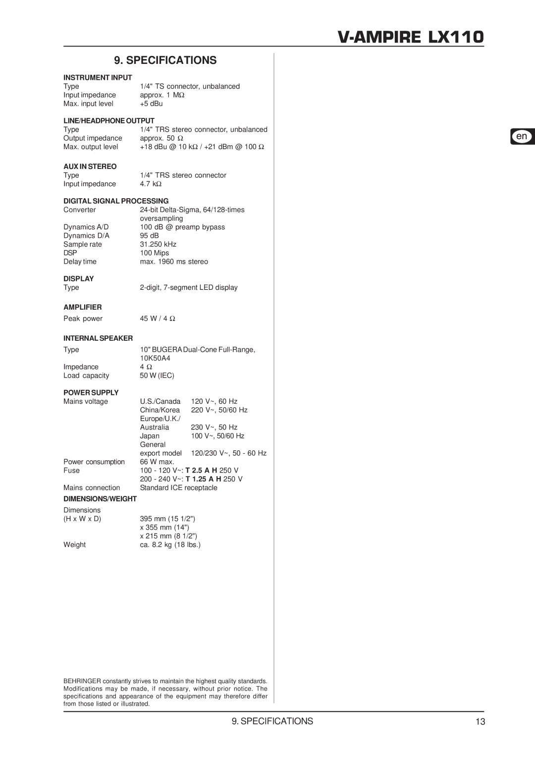 Behringer LX110 user manual Specifications, LINE/HEADPHONE Output 