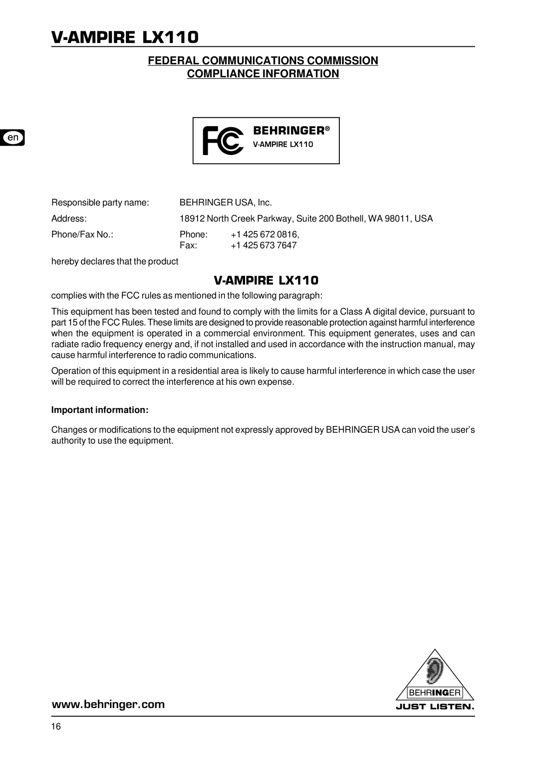 Behringer LX110 user manual Federal Communications Commission Compliance Information, Important information 