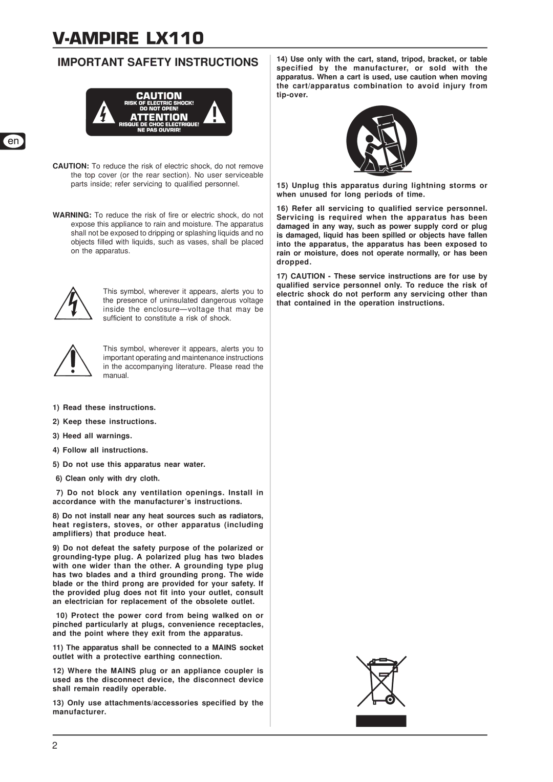 Behringer user manual Ampire LX110, Important Safety Instructions 