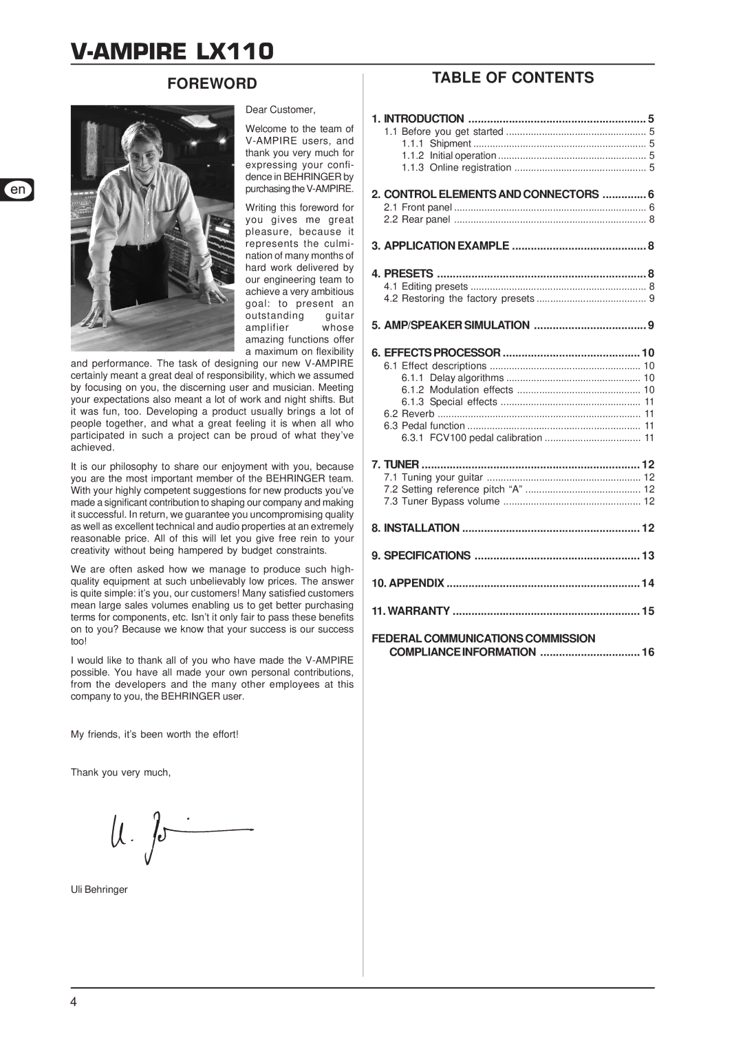 Behringer LX110 user manual Foreword, Table of Contents 