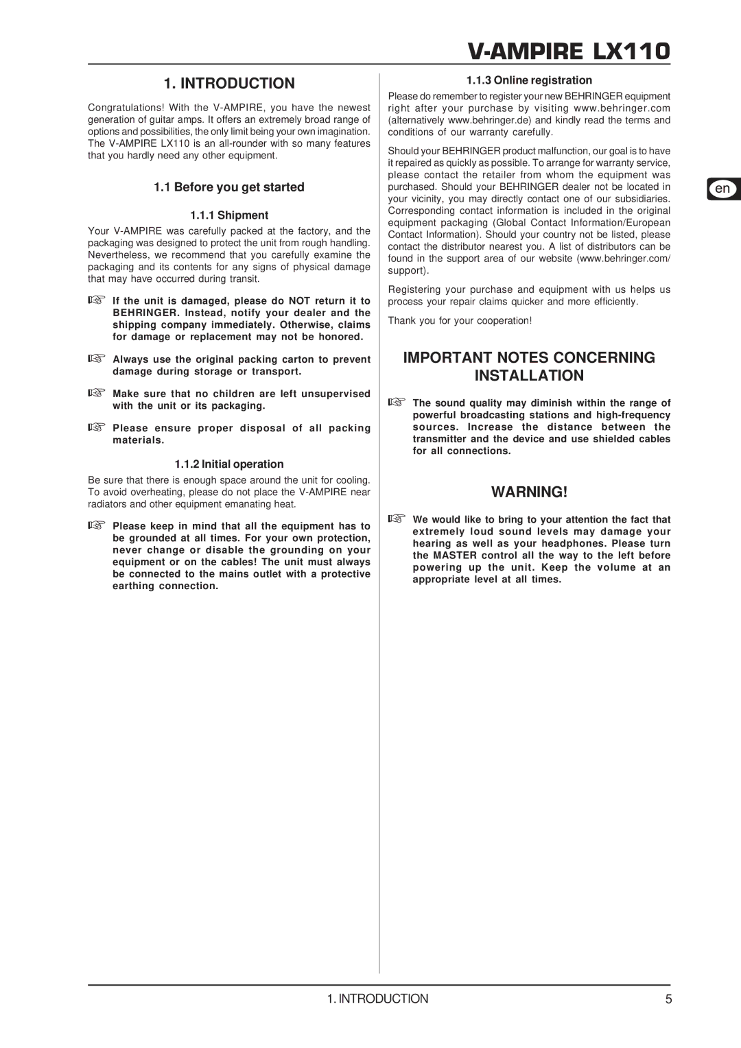 Behringer LX110 user manual Introduction, Important Notes Concerning Installation, Before you get started 