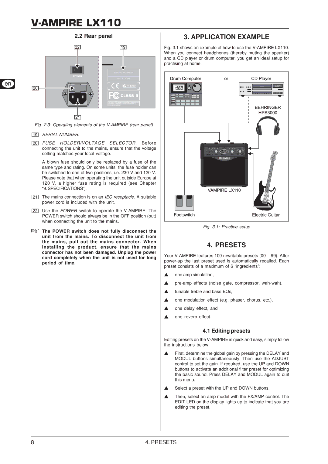 Behringer LX110 user manual Application Example, Presets, Rear panel, Editing presets 