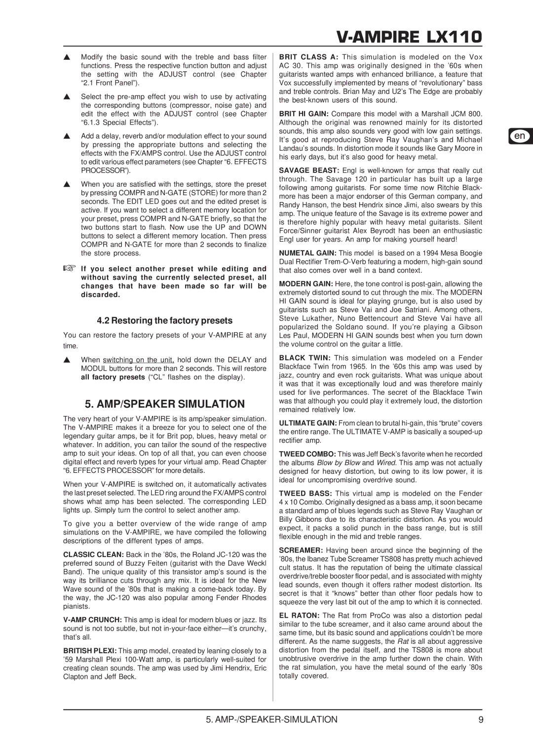 Behringer LX110 user manual AMP/SPEAKER Simulation, Restoring the factory presets 