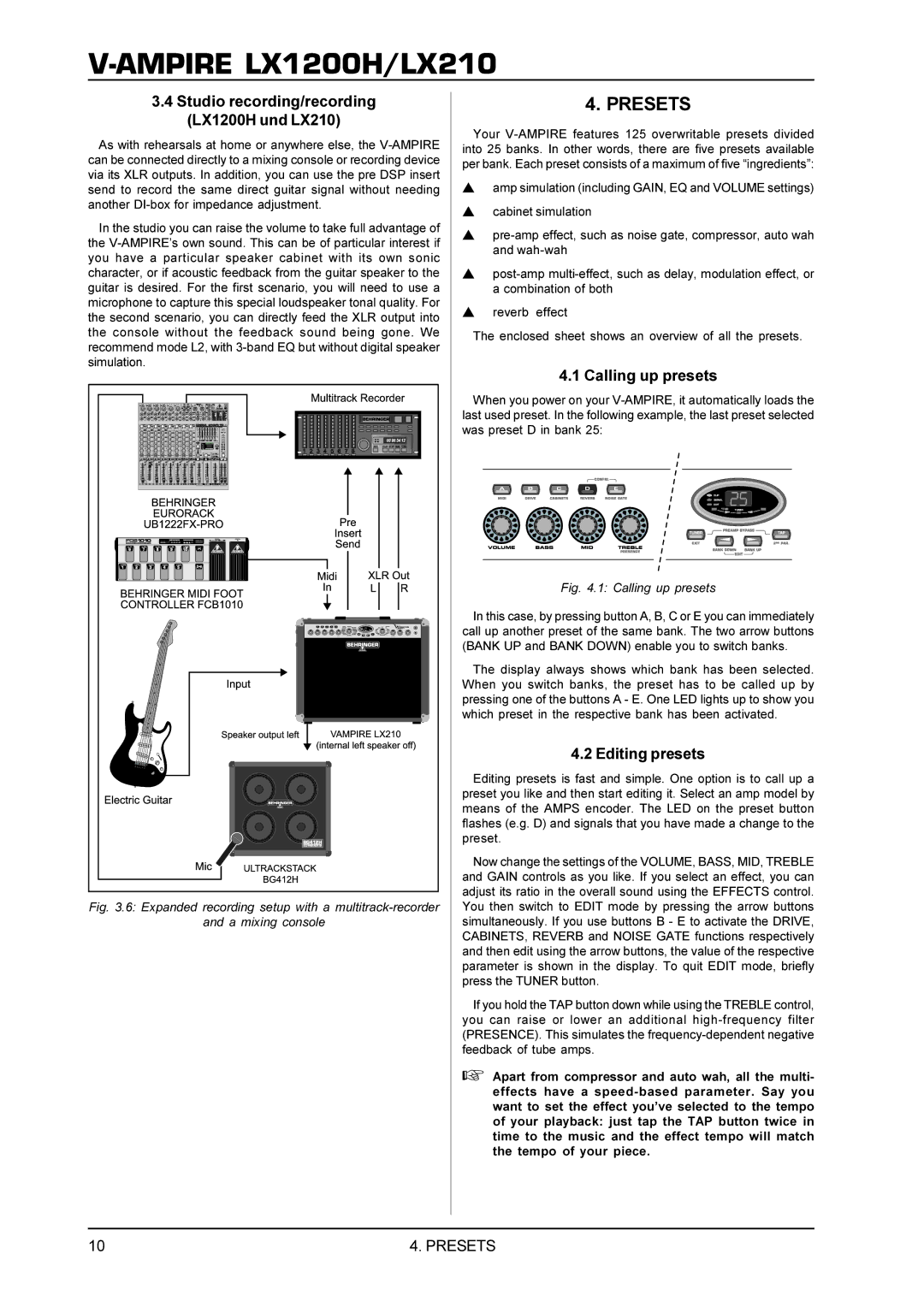 Behringer manual Presets, Studio recording/recording LX1200H und LX210, Calling up presets, Editing presets 