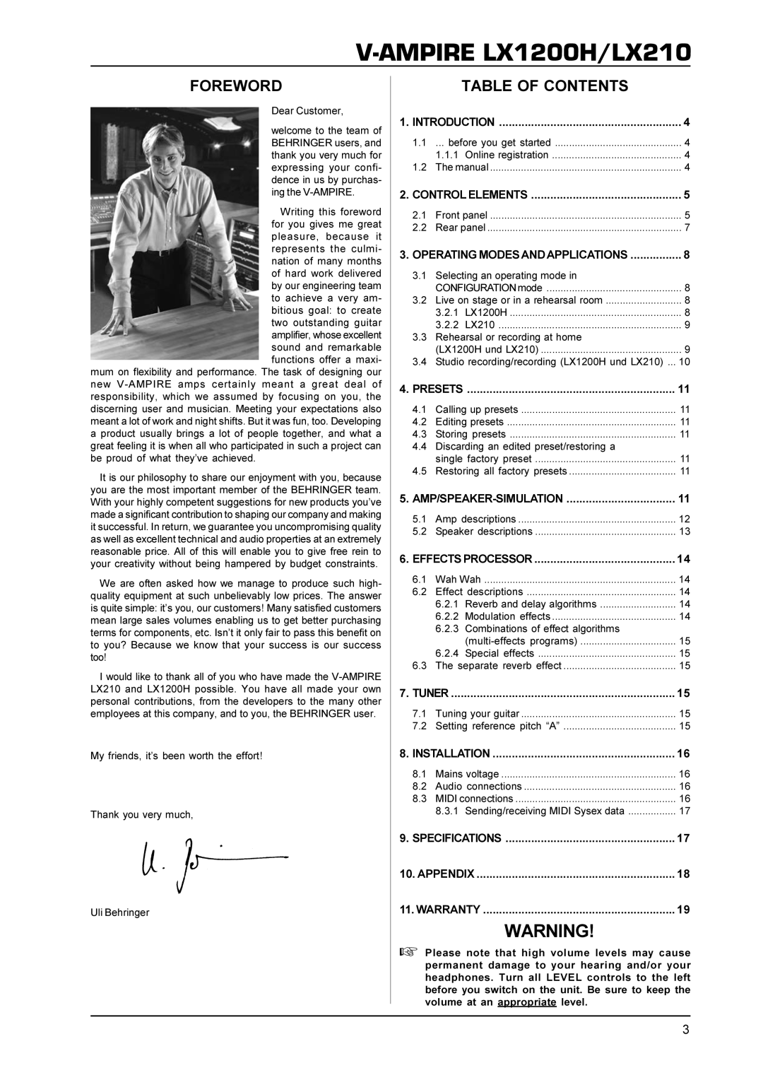 Behringer LX210, LX1200H manual Foreword, Table of Contents 