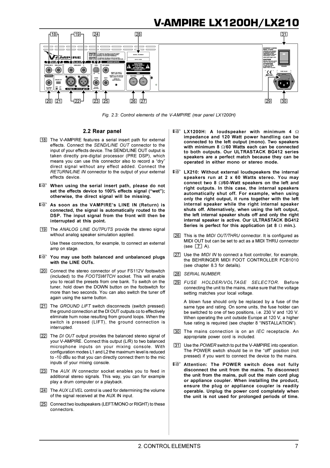 Behringer LX210, LX1200H manual Rear panel 